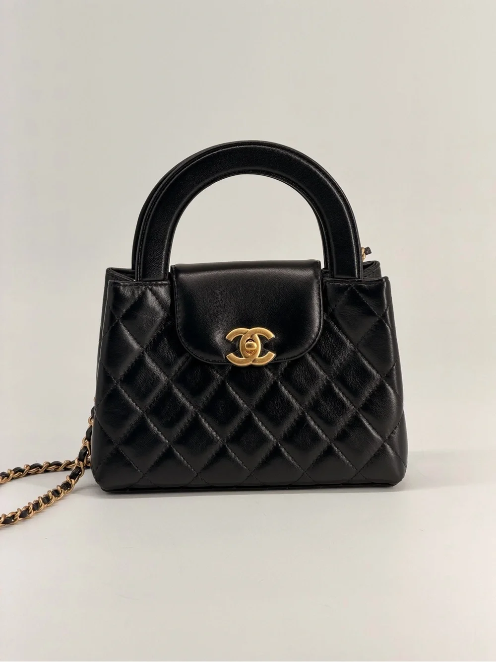 Chanel Mini Kelly Top Handle Shopping Bag Quilted Shiny Aged Calfskin Black